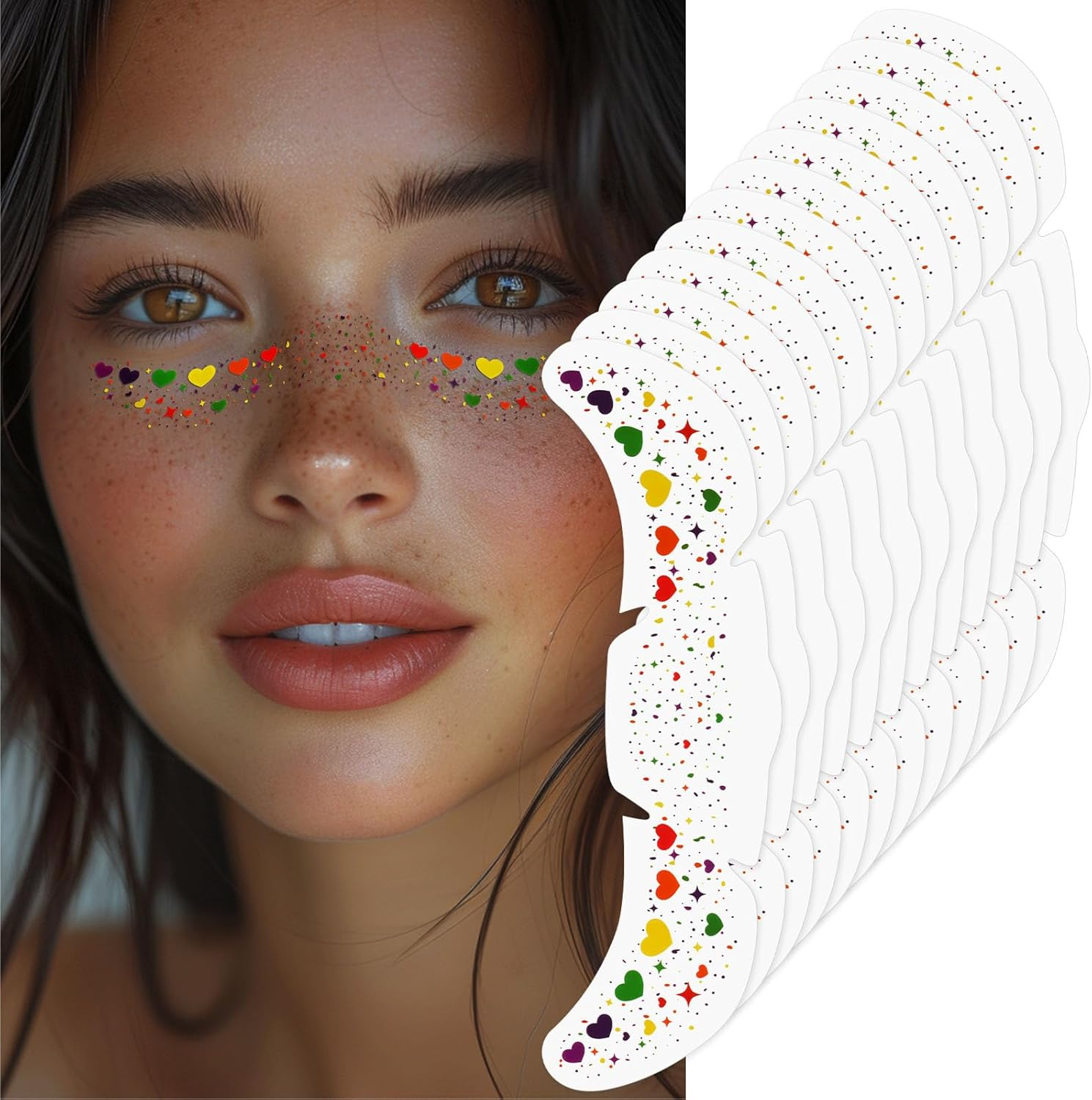 LOPHE Temporary Freckles Tattoos 12PCS Freckles Glitter Temporary Tattoos Heartproof Waterproof Tattoos Colorful Stars Heart for Carnival Shows Party Festival image number 2