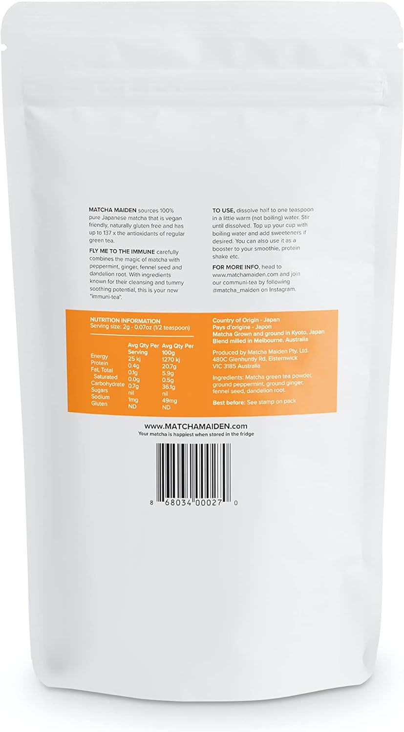 Matcha Maiden - Fly Me to the Immune - 28.35G. Organic Japanese Matcha Blend Including Peppermint, Ginger, Fennel Seed and Dandelion Root to Create a Delicious and Nutritious Matcha Tea