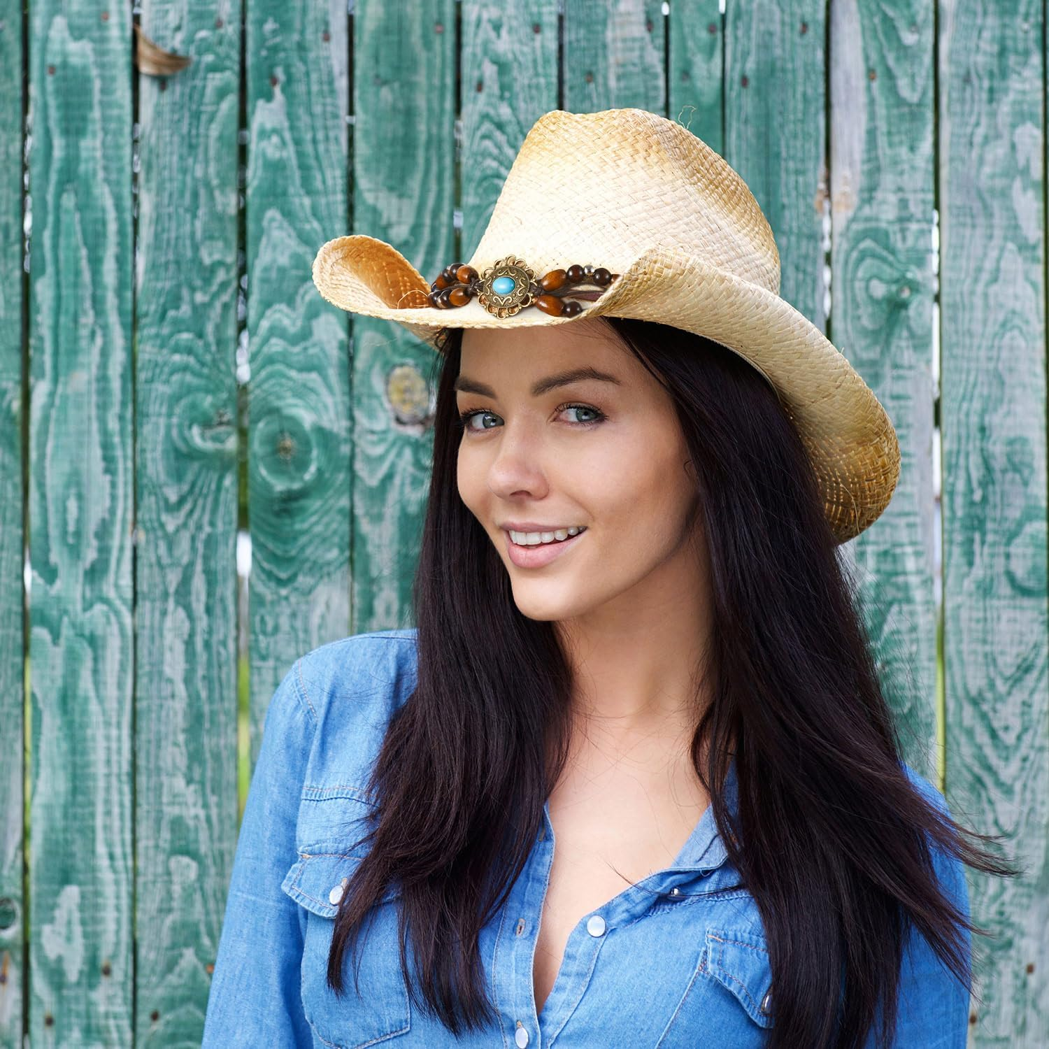 Lyrow 12Pcs Hat Bands for Cowboy Hat Leather Turquoise Beaded Bands Ethnic Western Rural Belts for Women Men Cowgirl(Beads) image number 1