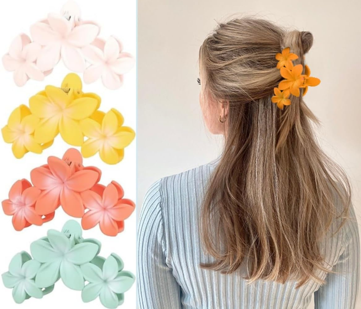 Flower Hair Claw Clips, 4-Pack, Matte Non-Slip Design, Large Plumeria Style, Thick Hair Accessories (Black)