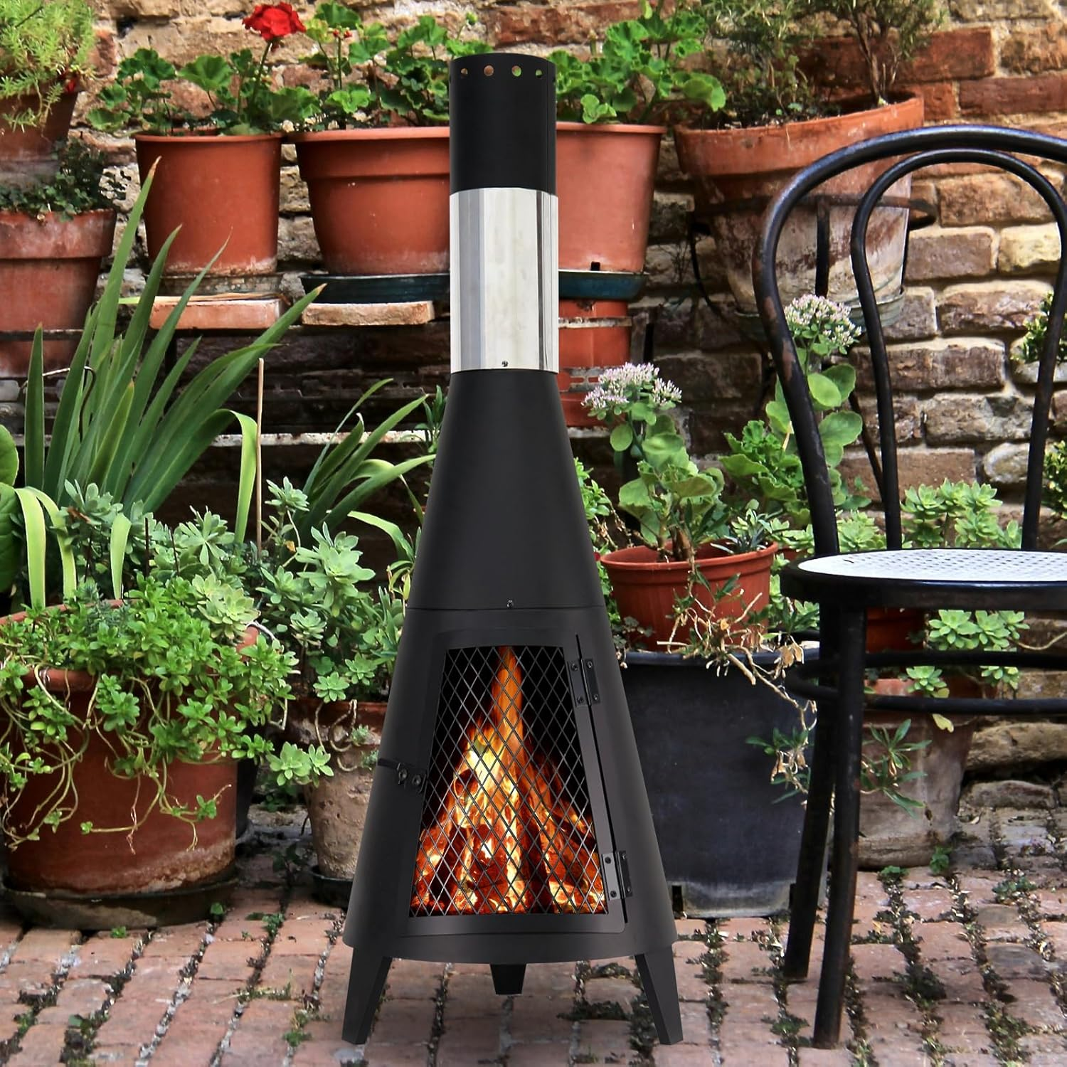 BDL Chiminea Outdoor Fireplace Outdoor Wood Burning Fire Pit Free Standing Fireplace with Log Grate, Mesh Screen for Patio, Backyard, Garden-Black image number 1
