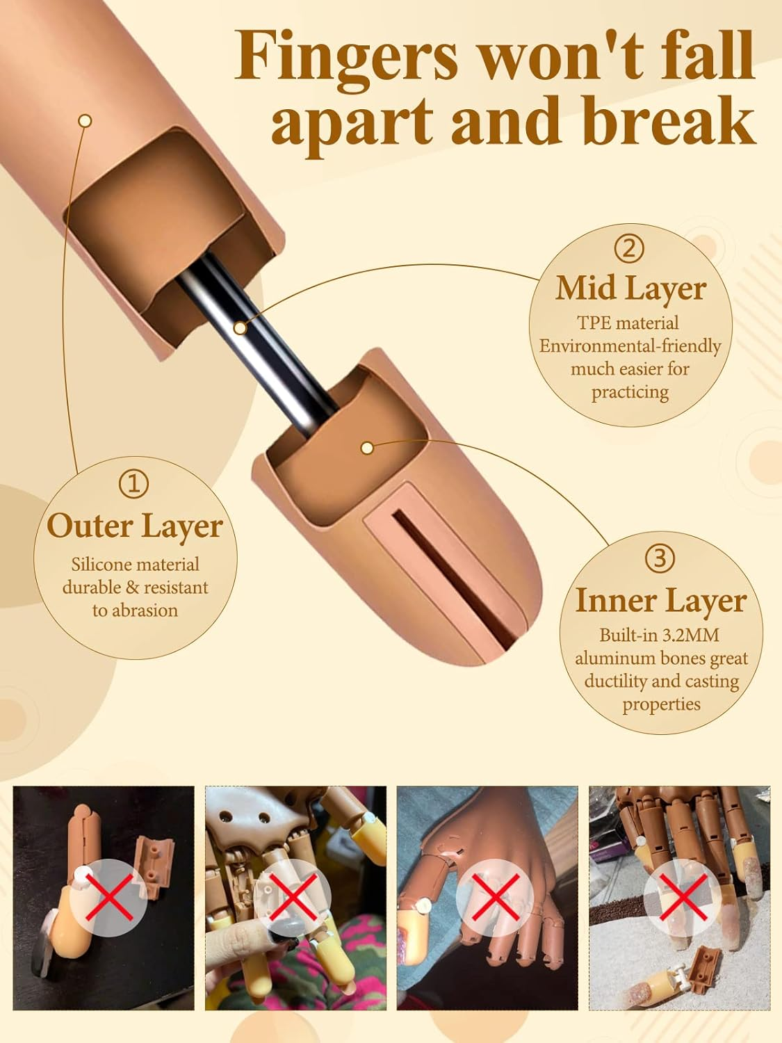 LIONVISON Practice Hand for Acrylic Nails- Silicone Nail Hand Practice Upgrade Nail Tips Never Fall Off, Fake Nail Manican Hand for Nail Practice, Flexible Practice Maniquin Hand with 200PCS Nail Tips image number 3