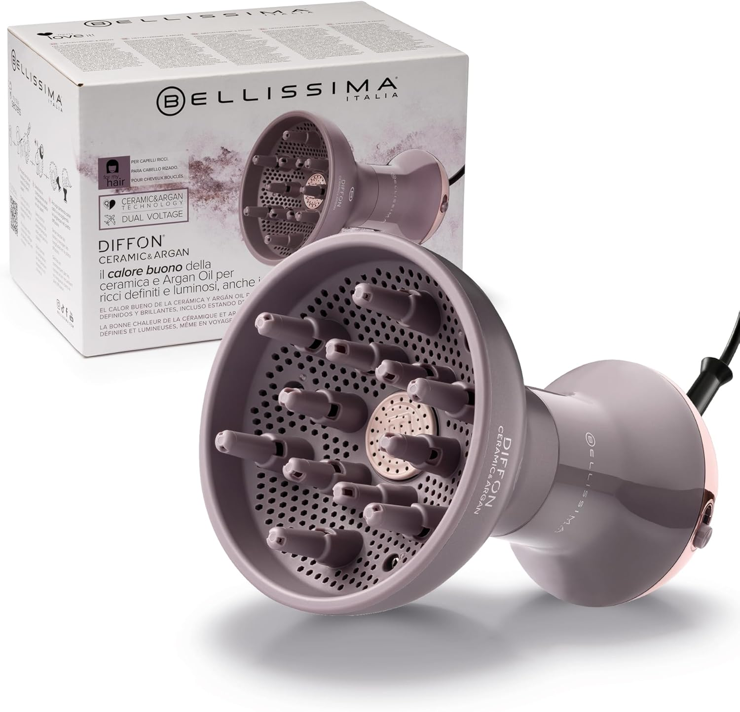 Bellissima Diffon Ceramic & Argan: Diffuser for Curly Hair with Argan Oil for Defined, Shiny and Hydrated Curls &ndash; Anti-Frizz Effect, Gentle Drying, Double Tension