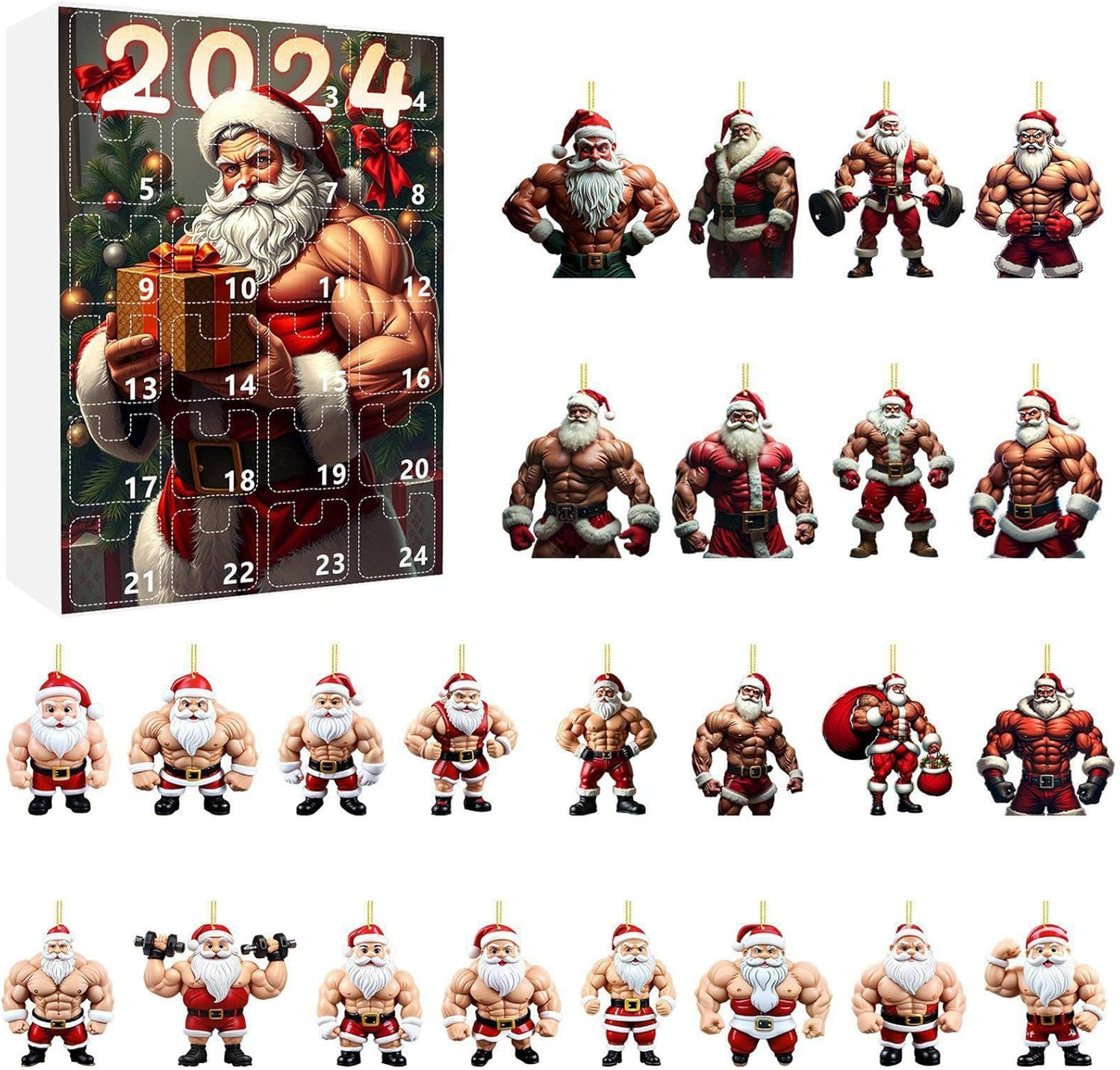 Muscle Set, 2024, Flat Acrylic Pendants, Christmas Tree Decorations, 24X Countdown Ornaments, Festive Holiday Decor, Unique for Christmas Tree image number 3