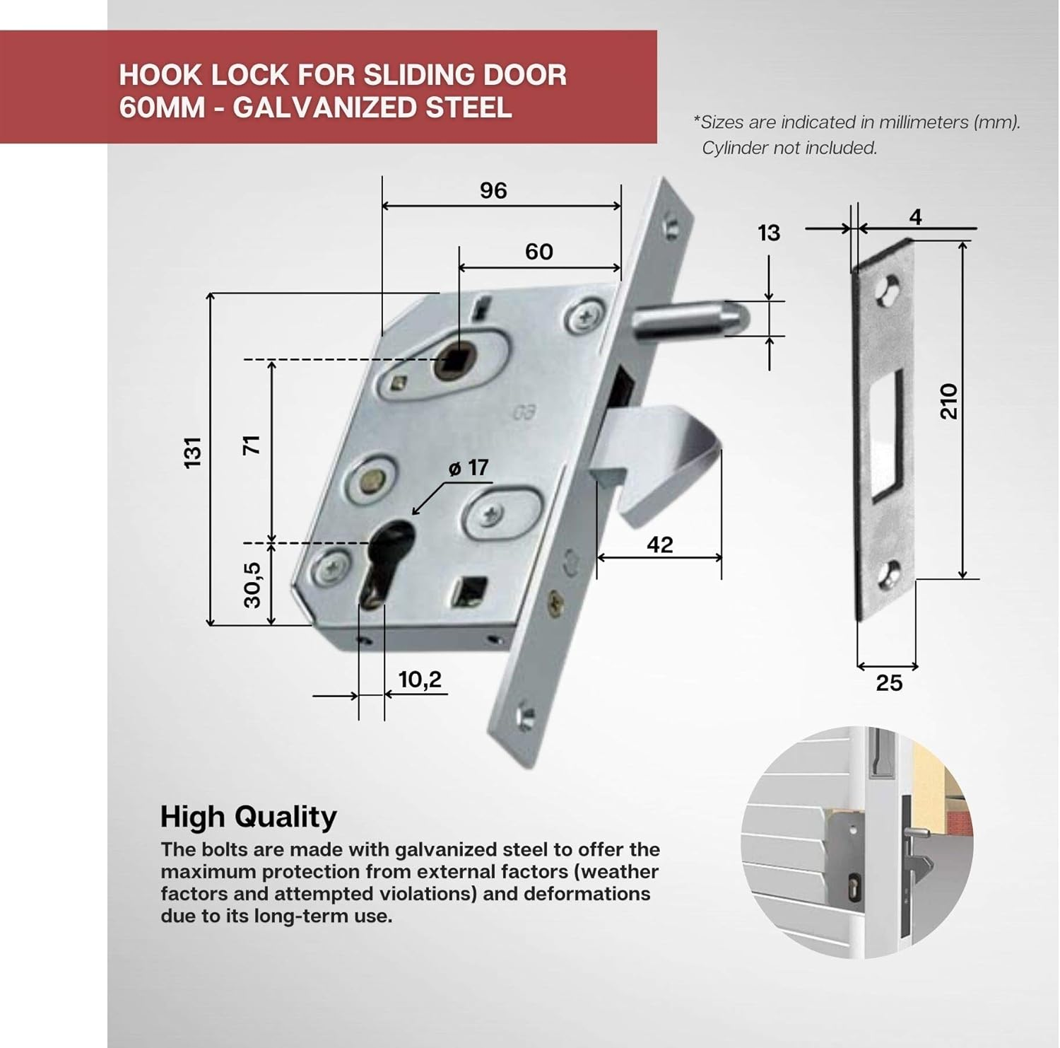 DOJA Industrial Sliding Door Hook Lock 60 Mm 1 Unit Lock Box Sliding Gate Mortice Lock for Door with Guide Screw Hook Latch Lock Sliding Door Lock Hook Latch Lock