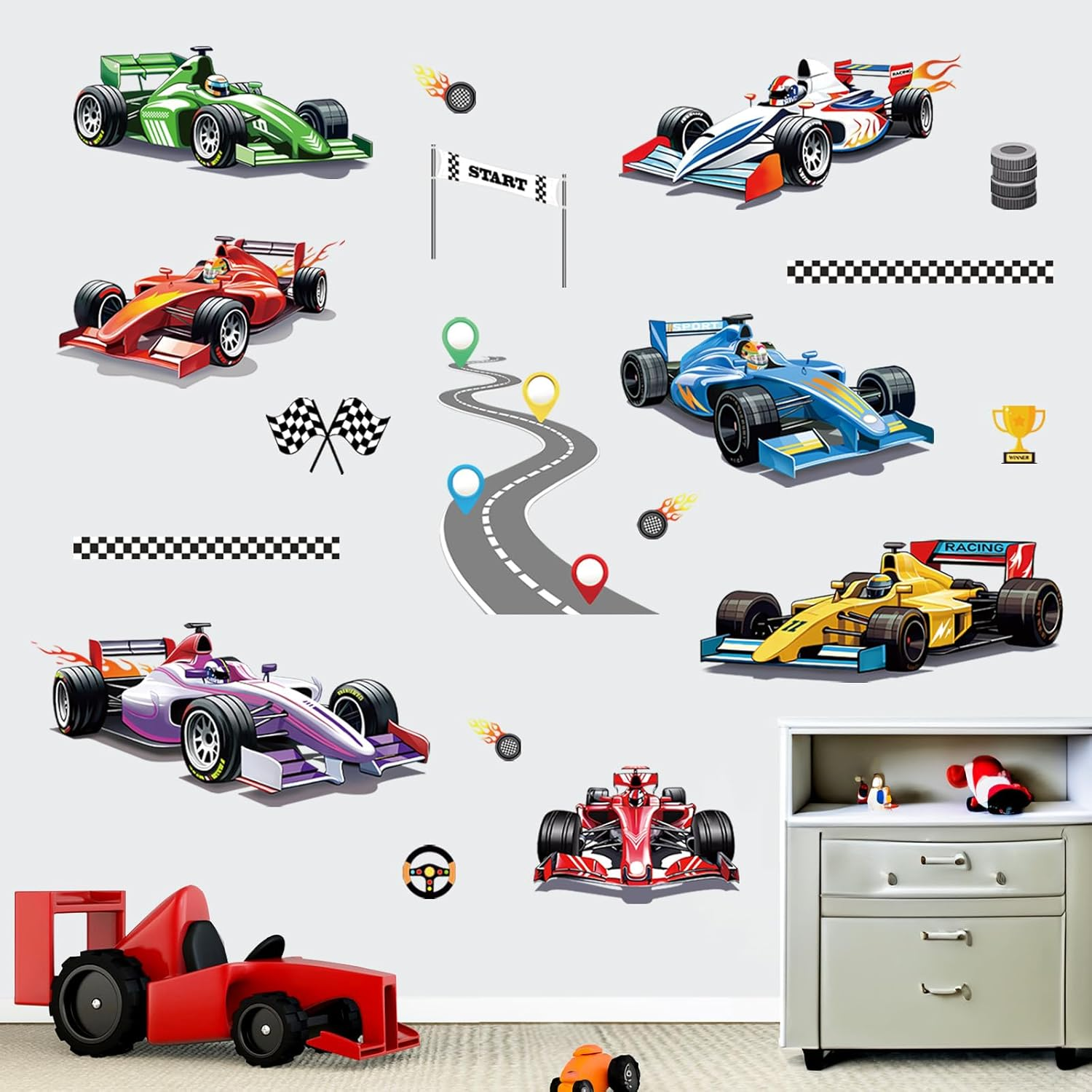 Wondever 3D Racing Car Wall Stickers Break through Running Car Truck Peel and Stick Wall Art Decals for Kids Bedroom Boys Room Playroom