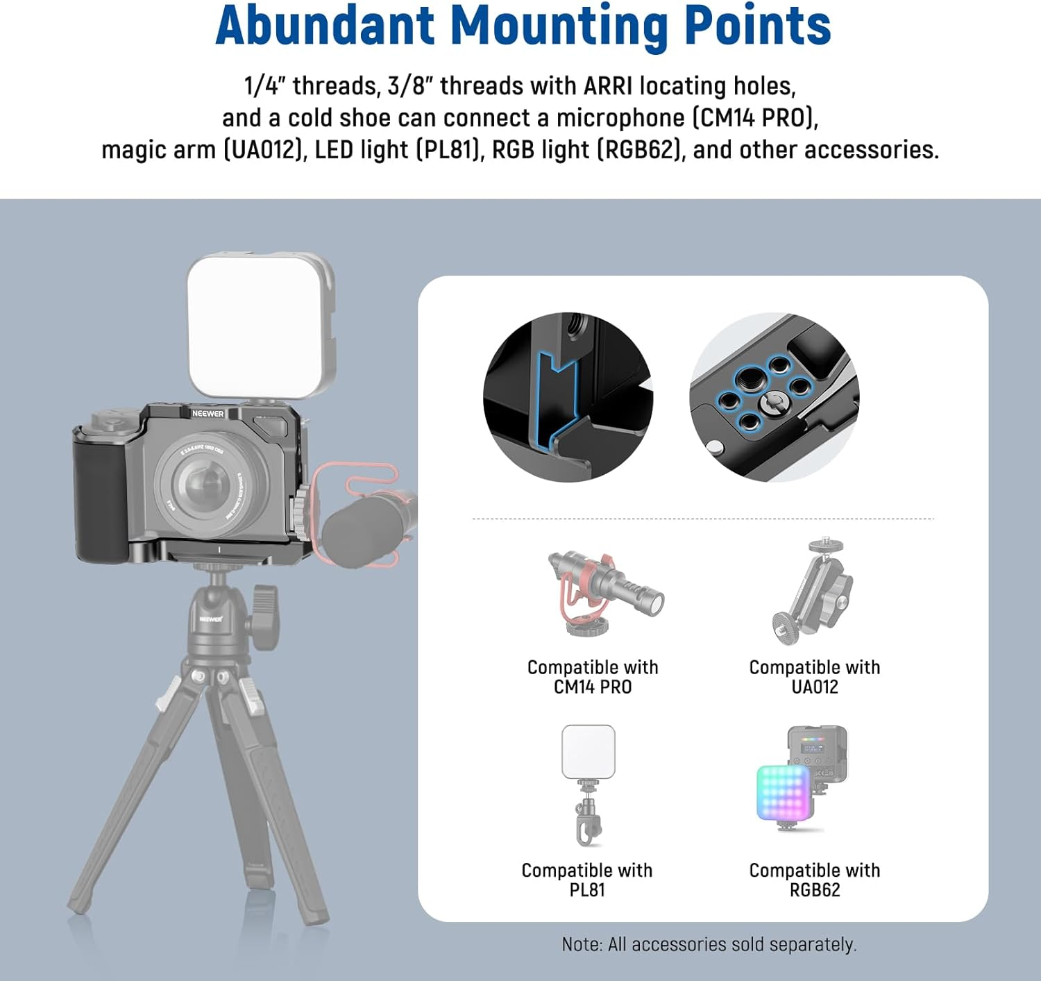 NEEWER ZV-E10 Camera Cage with Silicone Grip, 1/4" Threads, 3/8" ARRI Locating Holes, Arca Type QR Base, Protective Metal Video Rig Compatible with Smallrig Handles DJI RS Gimbals Sony ZV-E10, CA003S image number 5