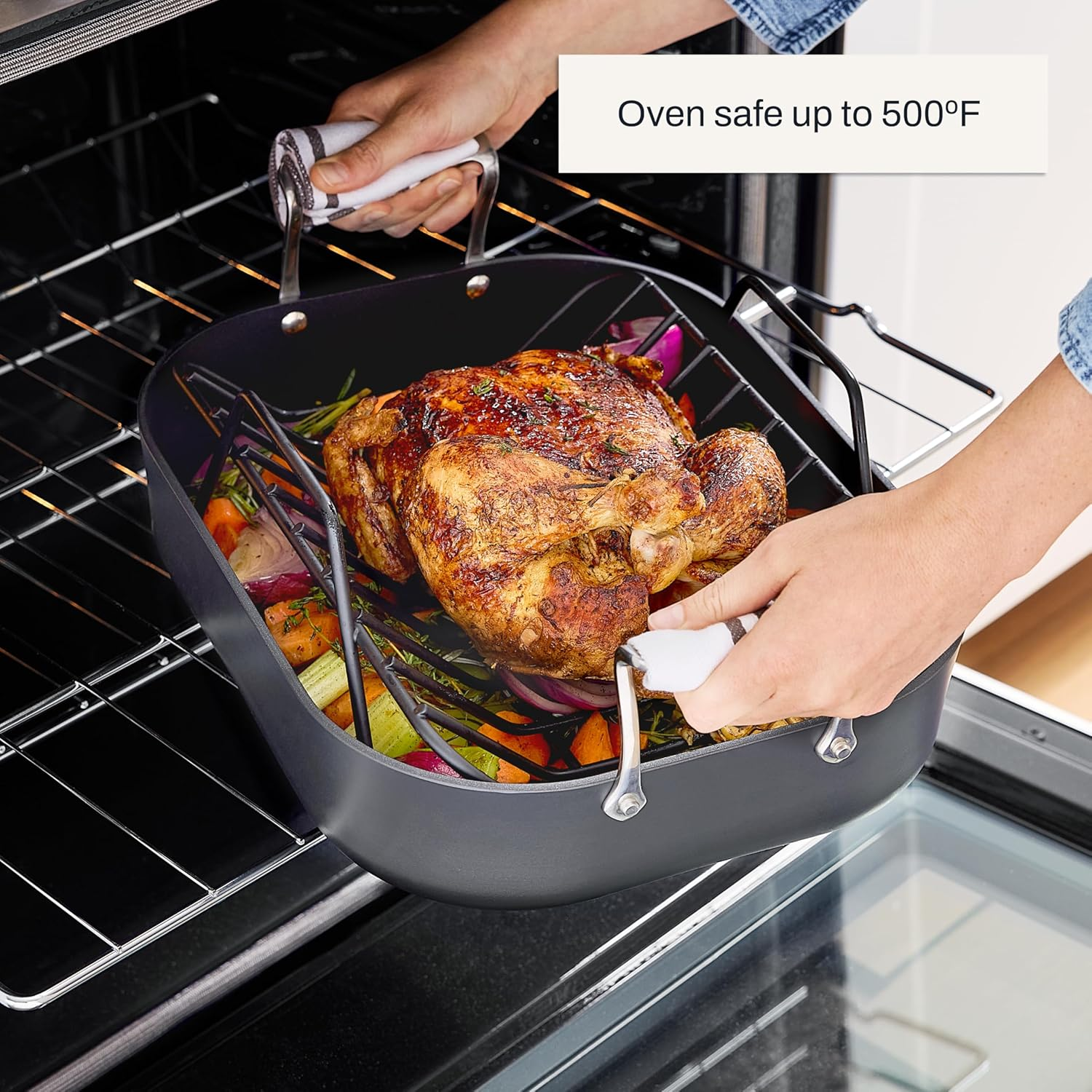 All-Clad Essentials Hard Anodized Nonstick Roaster with Rack 14 X 11 Inch Roaster Pan, Pots and Pans, Cookware image number 3