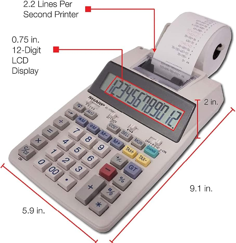 Sharp 12 Digit Printing Calculator, White