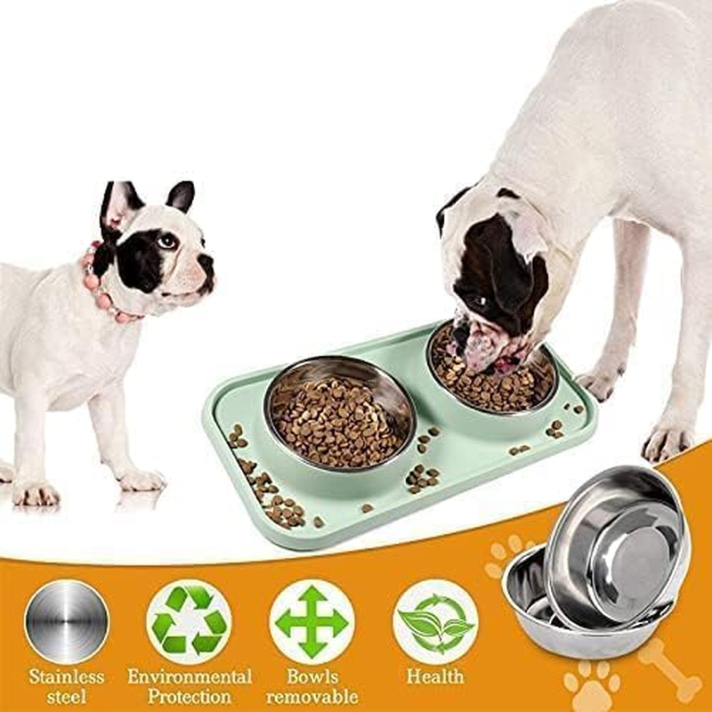 Cat Food and Water Bowls, Bowls Non-Skid and Non-Spill Silicone Mats with Stand, Removable Stainless Steel Water Dishes for Cats, Small Size Dogs image number 3