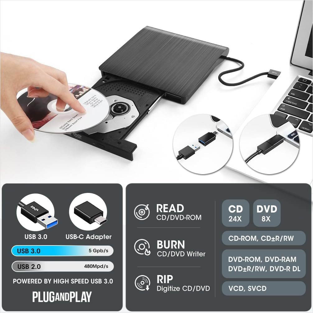 ROOFULL External CD DVD Drive for Laptop, USB 3.0 Type-C Portable CD/DVD Player Burner Reader Writer Adapter for Windows 11/10 Computer Mac Macbook Linux PC image number 5
