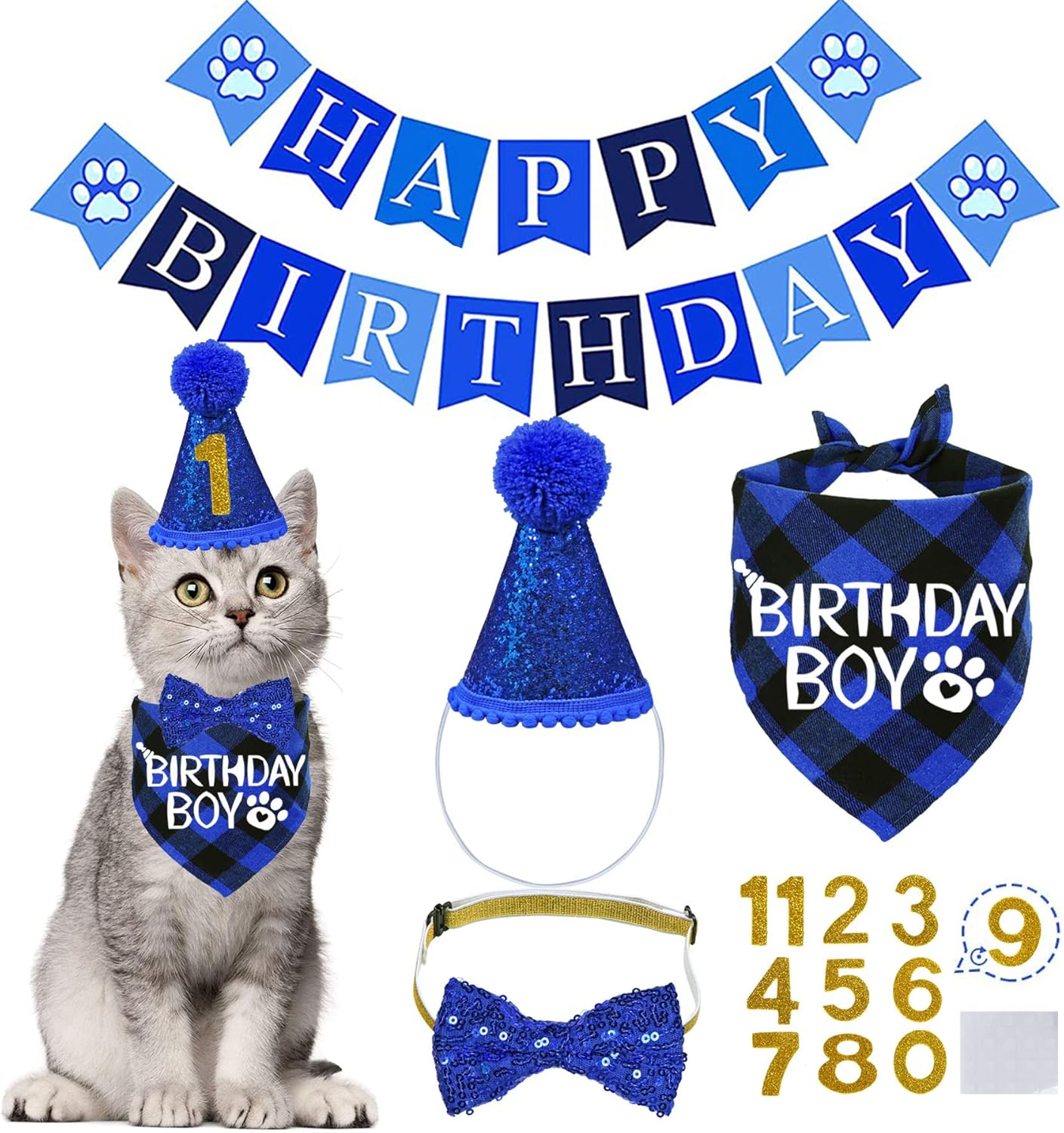 STMK Cat Birthday Decorations, Cat Birthday Hat with Number Bandana Bow Tie Collar for Cats Kittens Apparel Birthday Outfits