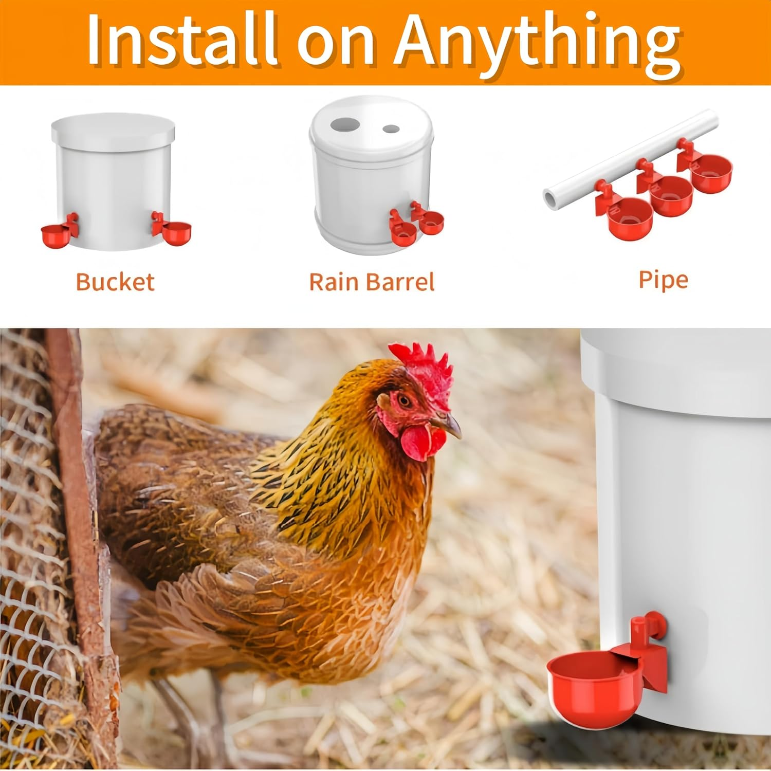 10 Pack Automatic Chicken Waterer Cups Poultry Drinker Kit for Chickens, Ducks, Turkeys Self-Filling Water Feeder with Drill Bit for Buckets, Barrels No Spill, Low Maintenance image number 2