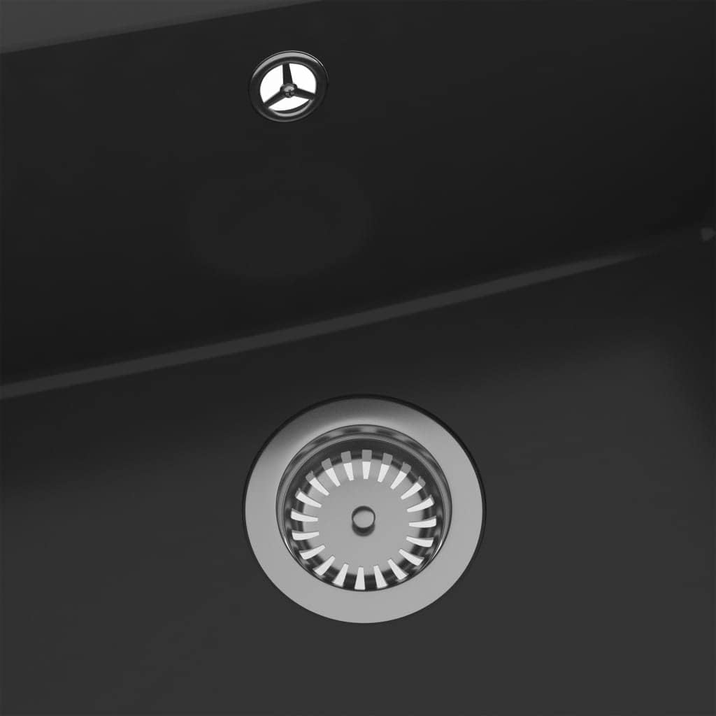 'Vidaxl Granite Kitchen Sink - Extra-Deep, Single Basin, Scratch & Impact Resistant with Basket Strainer, Suitable for Top or under Mounting - Black - White image number 4