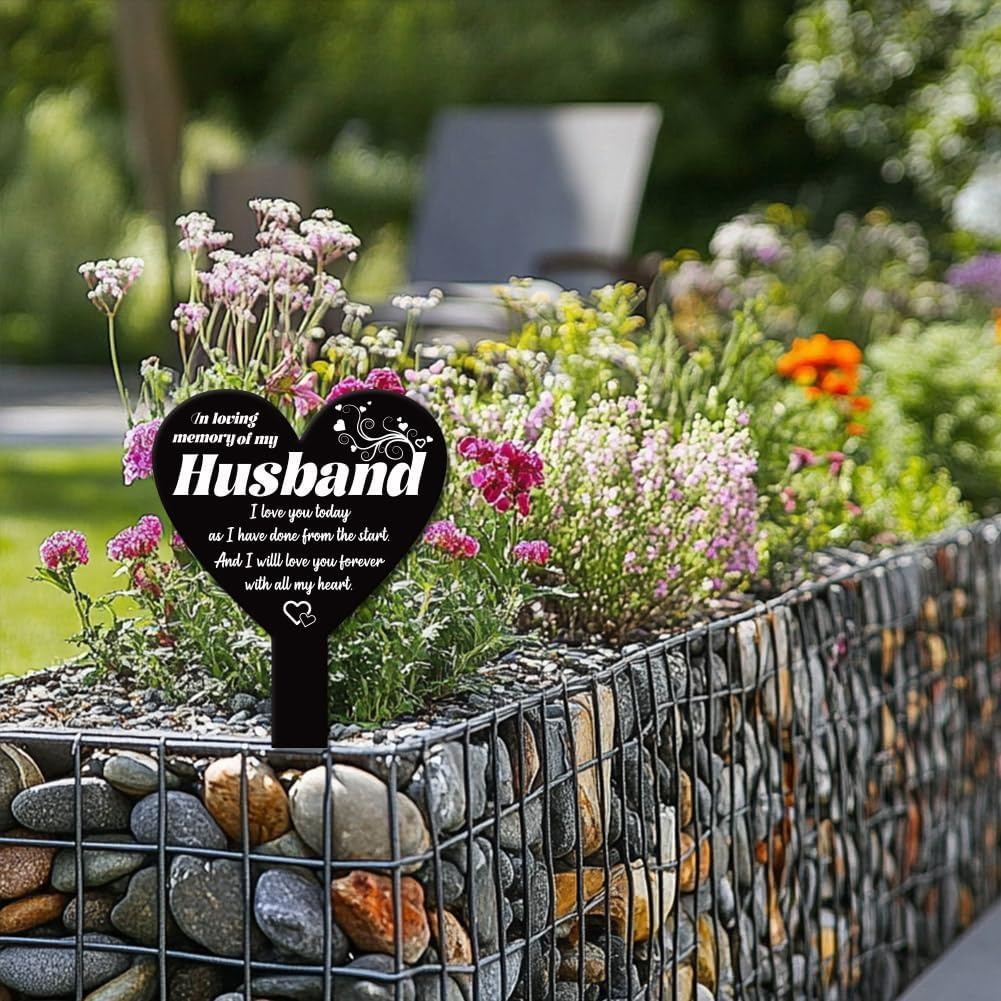 GLOBLELAND Heart Shaped Garden Stake with the Inscription "Love Missing Husband" Memorial Plaque for the Graveyard Grave Stake Made of Acrylic Waterproof Mourning Stake for the Garden Grave Cemetery image number 1
