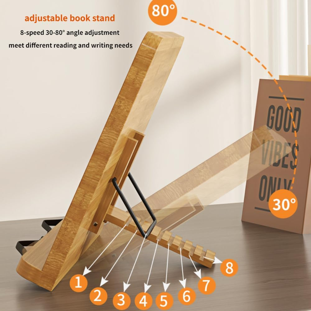 Frafuo Foldable Recipe Book Stand for Reading in Bed (28 * 20Cm)-Cook Book Holders for Kitchen Counter with 2 Adjustable Metal Page Holders-Cookbook Stand for Desk with 8 Adjustable Height