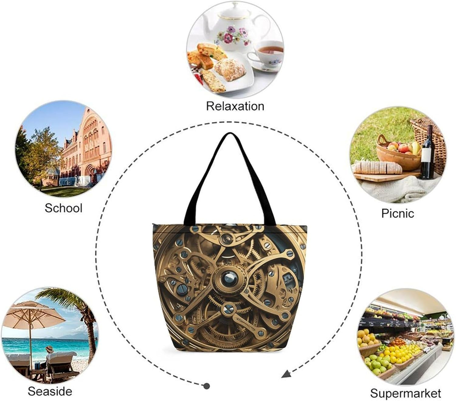 Tote Bag for Women Shoulder Bag with Zipper Cool Steampunk Gears Handbag for Travel Work Grocery Bag, Style, One Size, Style, One Size image number 2