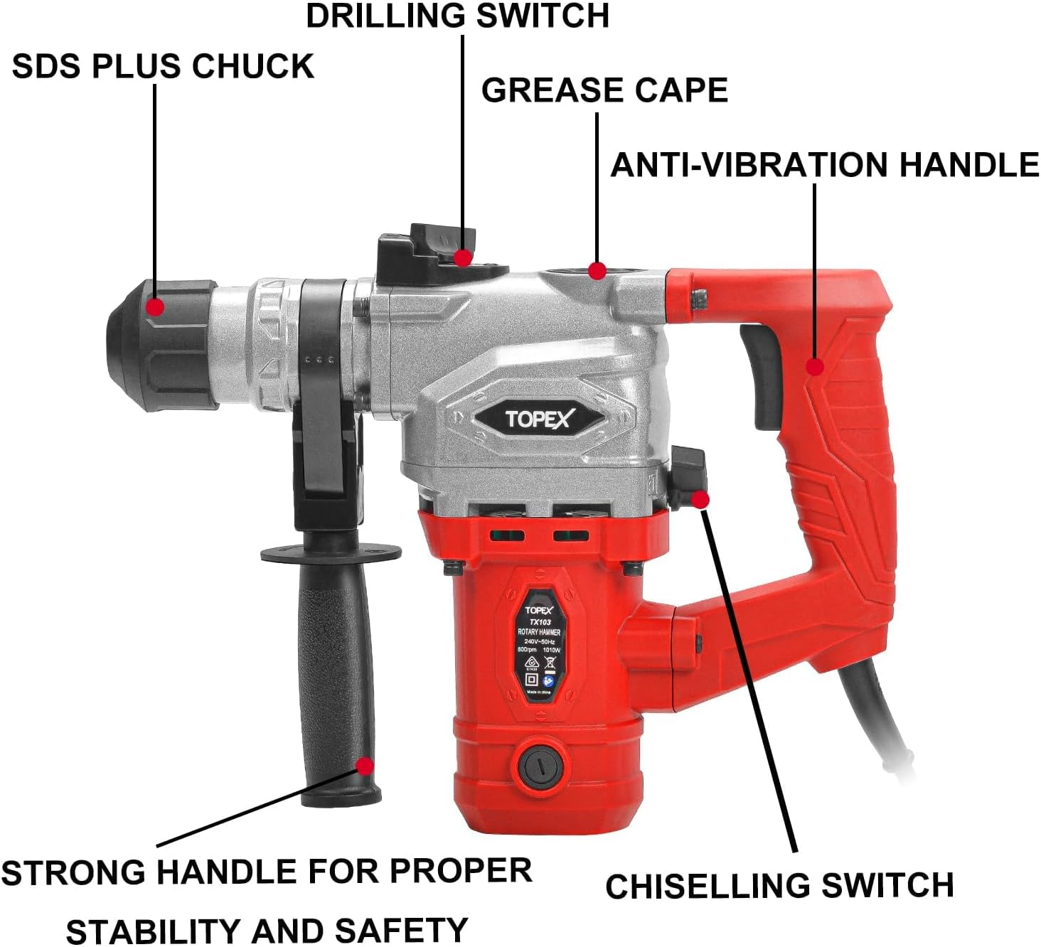 TOPEX 1010W SDS+ Rotary Hammer Drill Demolition Jack Hammer Kit W/Chisels Drill image number 4
