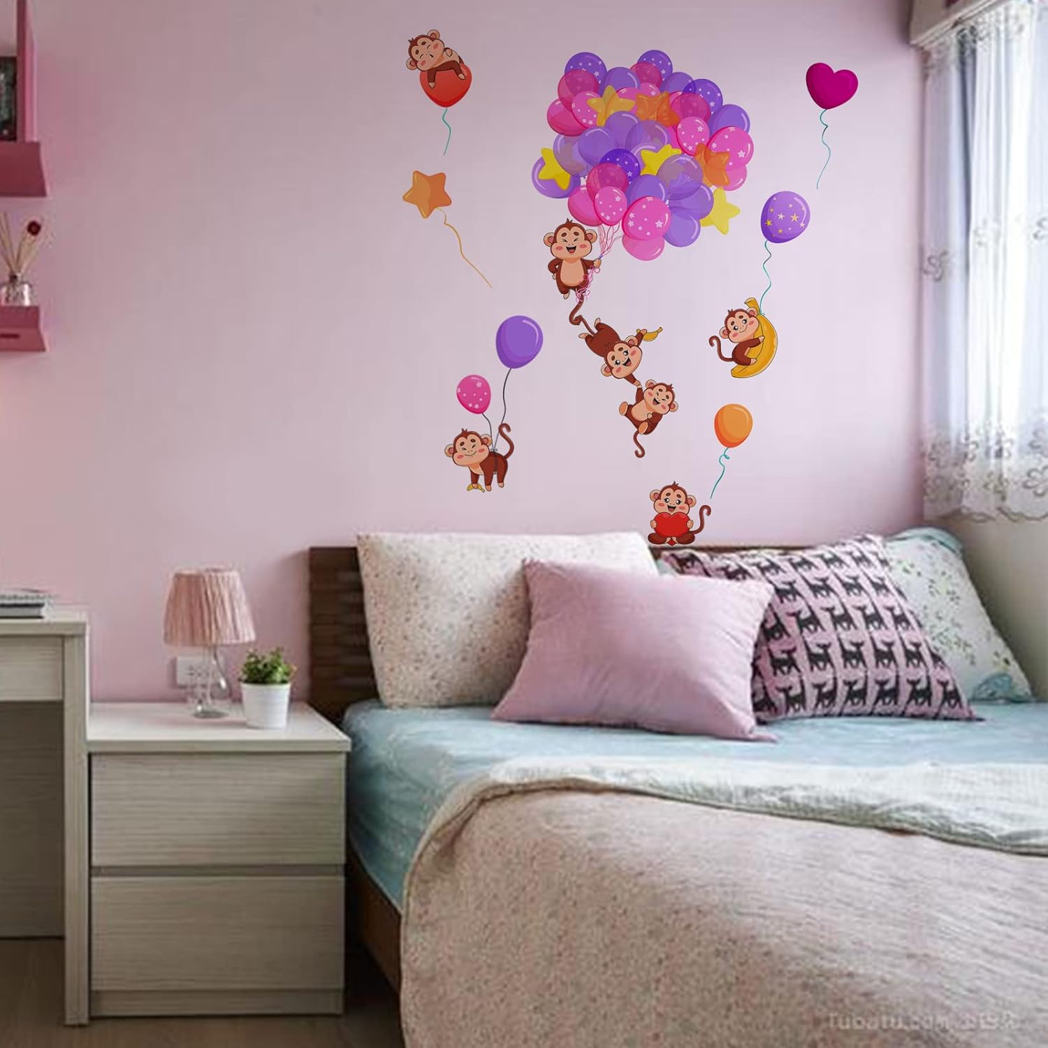 Anfigure Colorful Animal Monkey Balloon Wall Stickers for Kids Room Baby Room Wall Decals Nursery Playroom Children Bedroom Monkey Removable Wall Art Decor Mural Vinyl Peel and Stick Decorations image number 2
