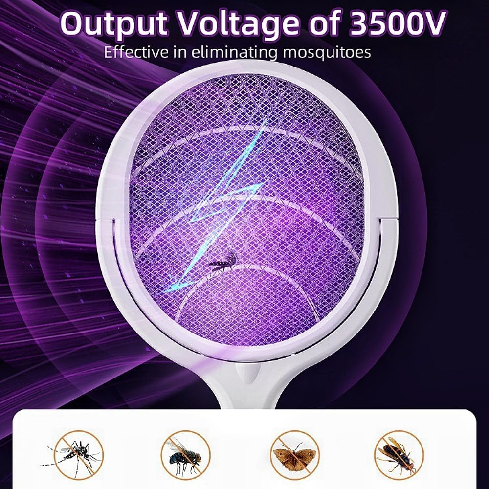 ZOCINS Rechargeable Electric Fly Swatter with Telescopic Extension＆Rotating Head, 3500V Electric Mosquito Swatter with 3 Layers Safety Mesh, Mosquito Repellent Bug Killer Fly Trap Indoor Outdoor image number 6