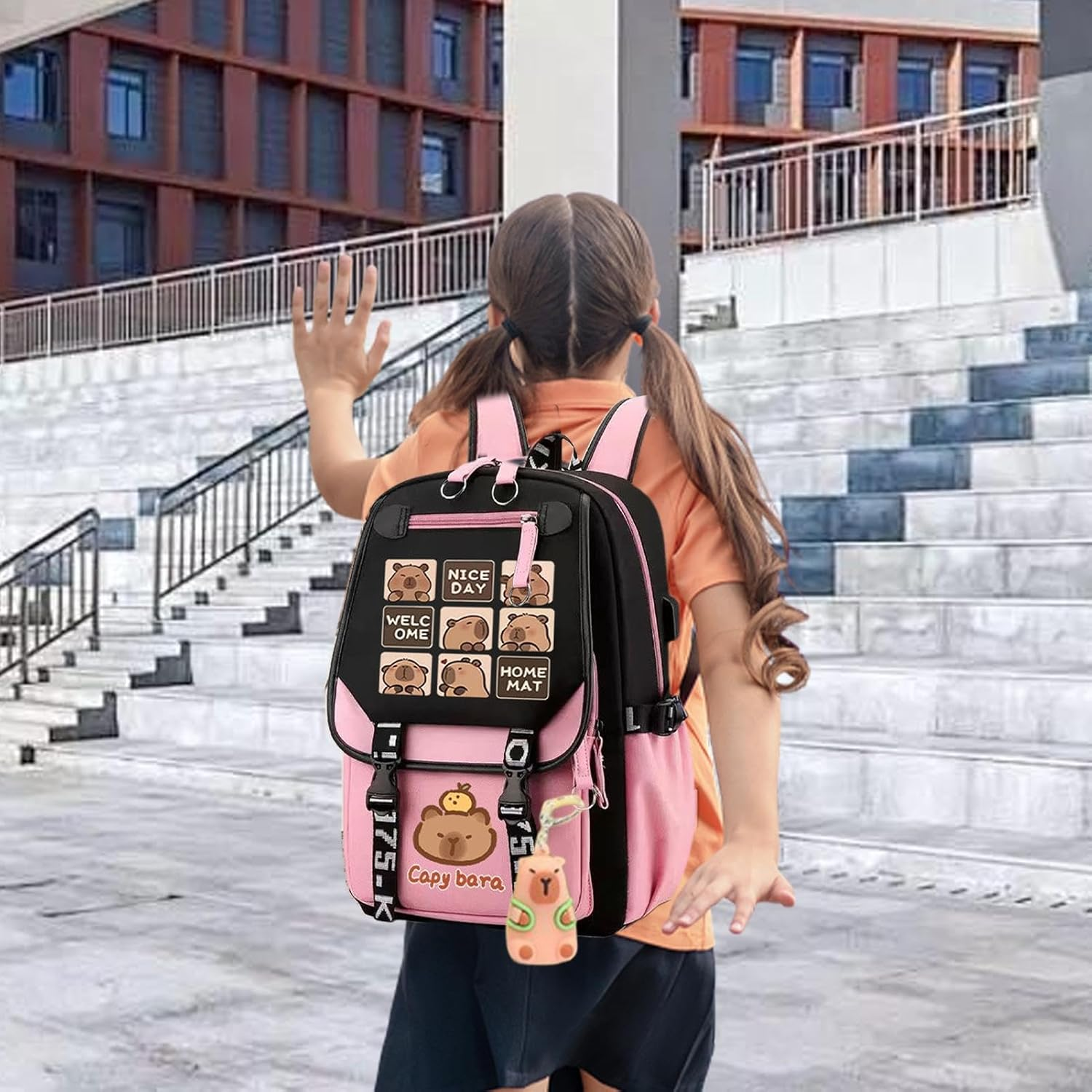 Cute Capybara Backpack, 18" Large Capacity School Backpack Cute Capybara Backpack, Capybara Daypack for Girls Teens Students Causal Rucksack with Pencil Case Badge Pen Keychain Sticker Plush Pendant