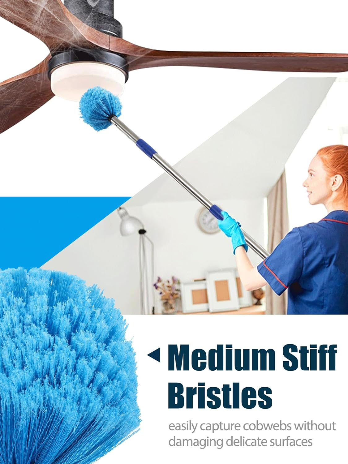 Cobweb Duster with Extension Pole, 10 Ft Spider Web Brush for Outdoor House Cleaning, Cob Web Remover for High Ceilings Fans, Medium-Stiff Bristles Head, Adjustable Long Handle, Lightweight Cleaner image number 6