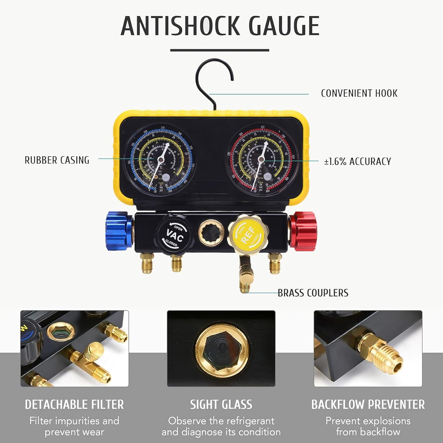 4 Way Heavy Duty Brass Manifold Gauges Set, HVAC Gauges with Hoses 4 Way Heavy Duty Brass Manifold Set Replacement for R410A R32 R134A R22 Refrigerants image number 6