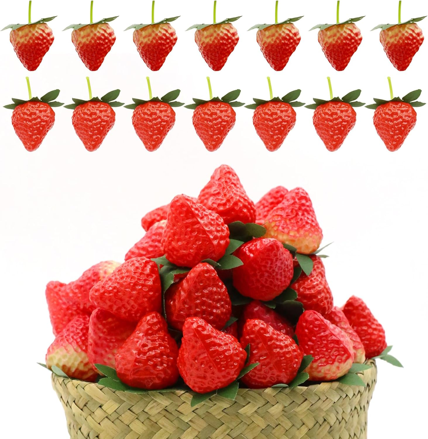 DONOTGO 50Pcs Artificial Strawberries Fruit Plastic Fake Lifelike Simulation Realistic Strawberry Faux Fruits Decoration for Home Kitchen Cabinet Party Cake Dessert Decor Photography Prop image number 5