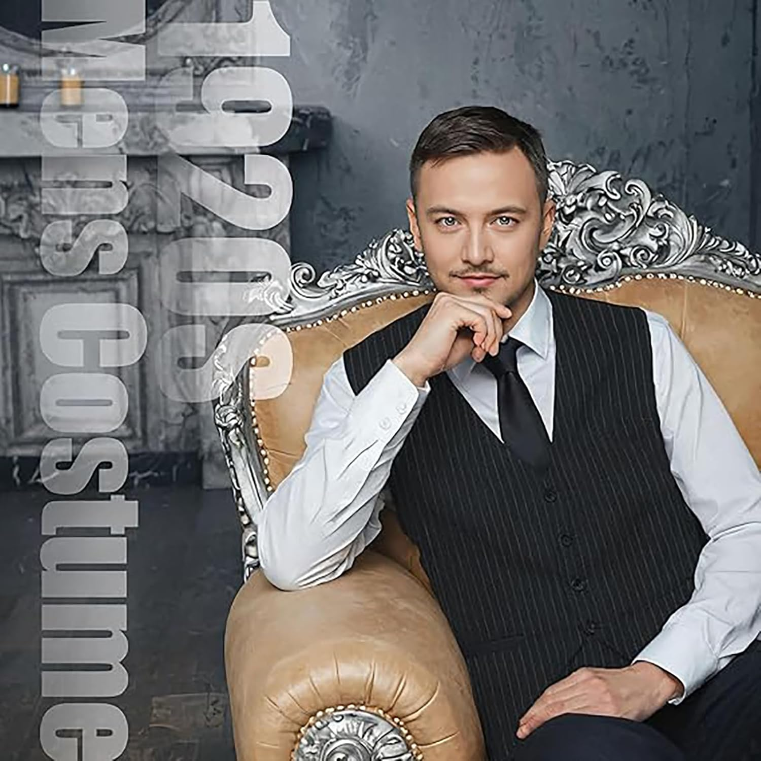 COSOUKE 1920S Gatsby Costume Men Accessories Set Funny Halloween Costumes with Vest Hat Necktie Bow Tie Suspenders image number 2