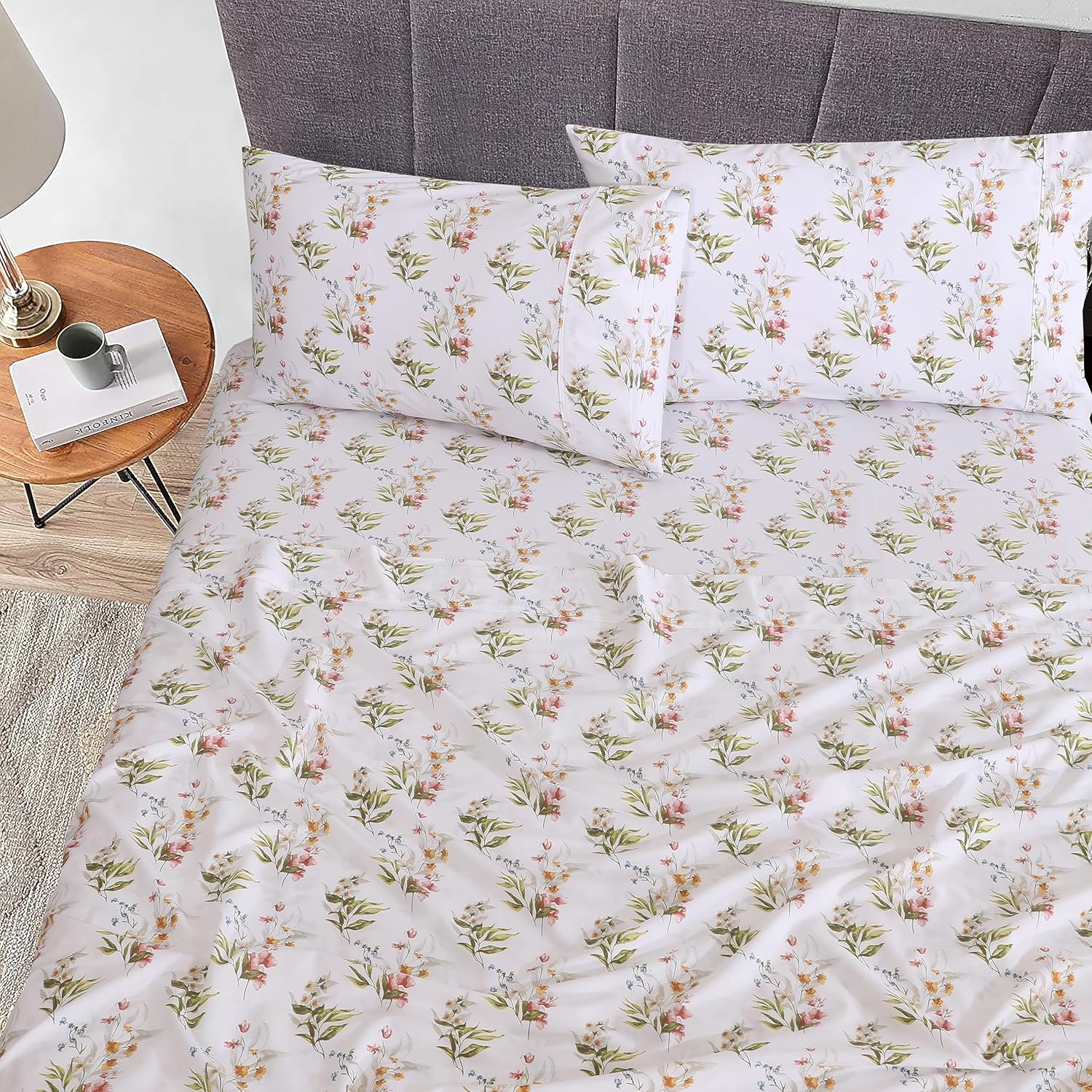 RUVANTI 100% Cotton Split King Sheets Sets for Adjustable Bed, 5 Pcs, Soft & Breathable Percale Weave Bedding, Deep Pocket 16", Hotel Standard, Crisp Cool Feel & Durable, Floral Sheet, Floral Bliss image number 7