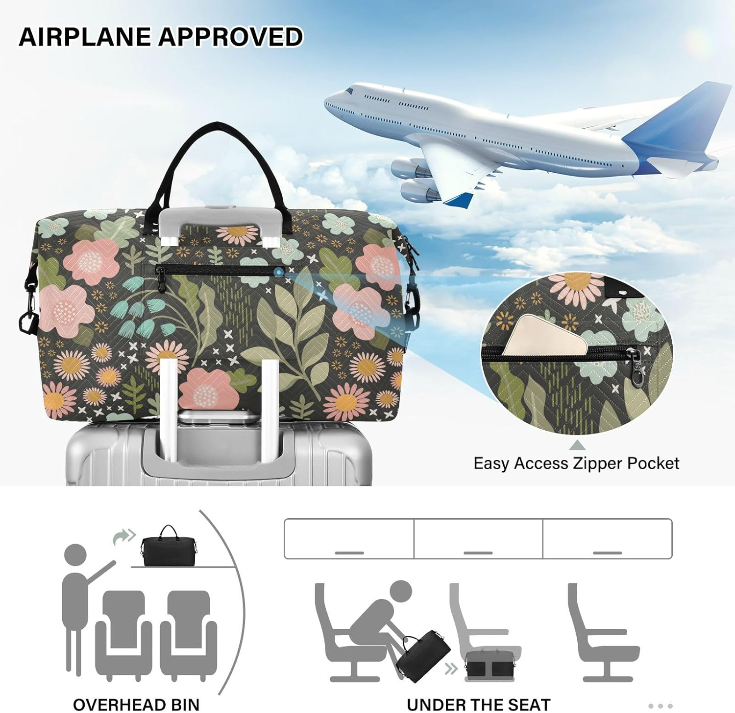 Duffel Bags Carry on Shoulder Weekend Tote Delicate Floral Adventure Gym Sports Carry with Adjustable Strap For, Delicate Floral Adventure, Set of 2, Art Deco image number 6