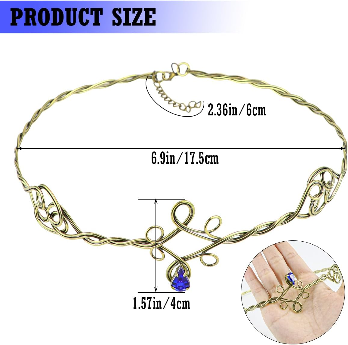 ZJIVQO Forehead Head Band Iron Circlet for Women Woven Forehead Band Crystals Tiaras Hair Band Gold Hair Hoop with Jewels Crystal Rhinestone Wedding Head Band Princess Crown Headband Tiara （Blue）, image number 4