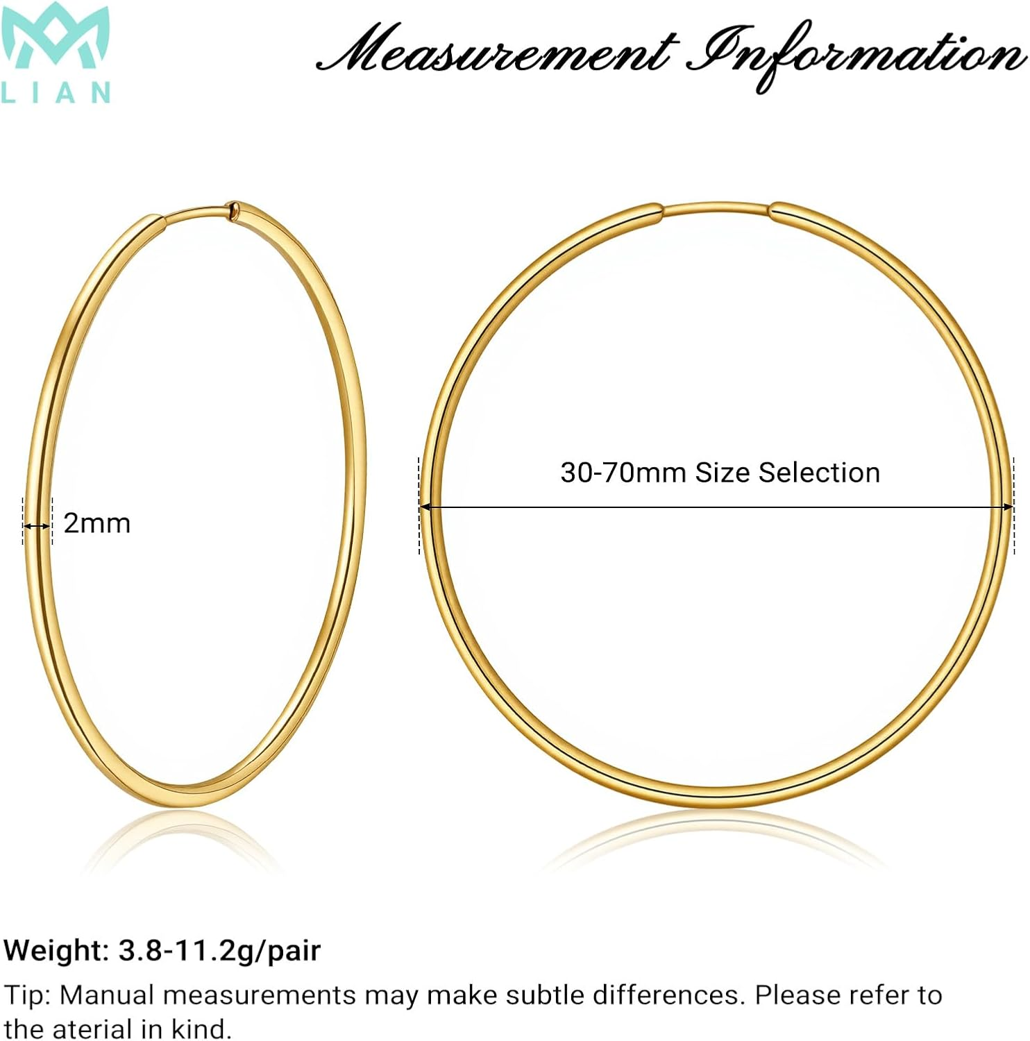 LIAN Hoop Earrings for Women 18K Gold Plated Endless Hoops Stainless Steel 2Mm Thick Simple Lightweight Large Huggie Earrings 30-70MM image number 4
