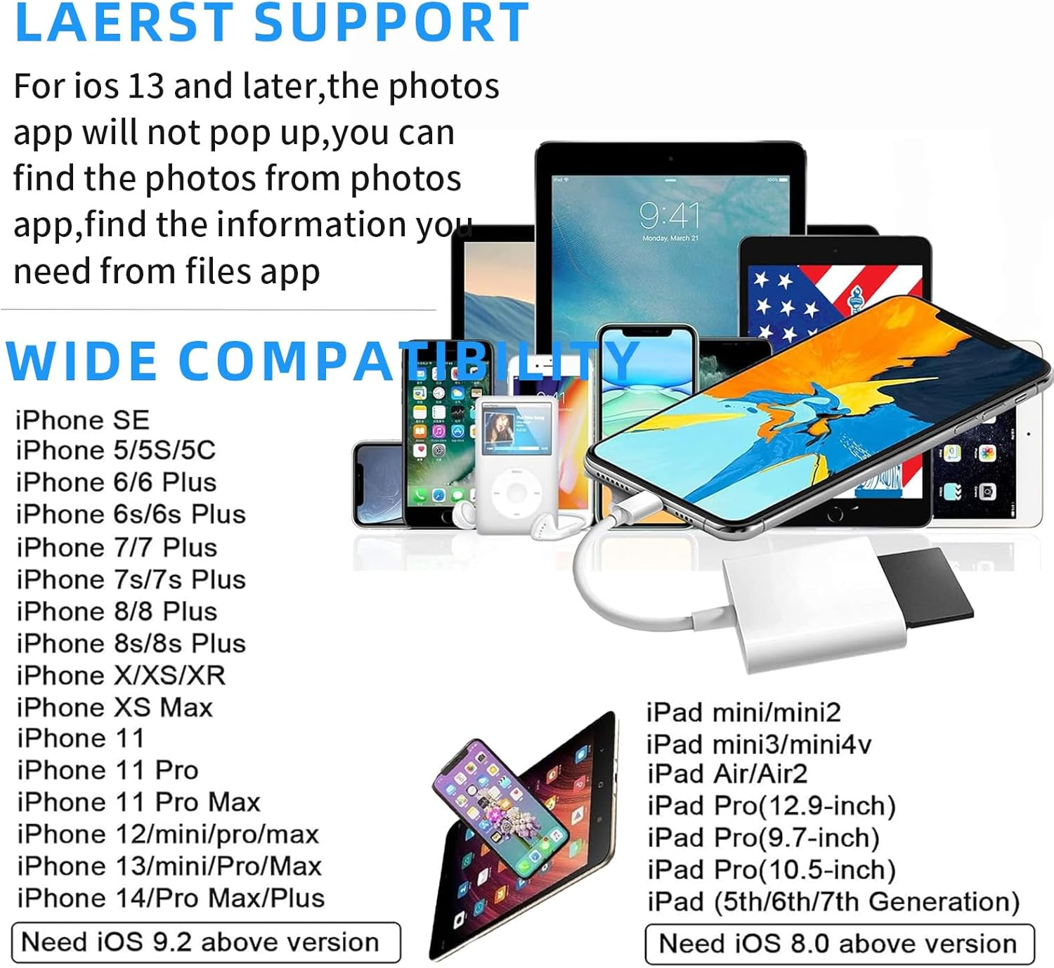 Apple Lightning to SD/TF Dual Card Slot Reader for Iphone/Ipad, SD Card Reader for Iphone 2 in 1 Micro SD/TF Memory Card Adapter,Apple Lightning to SD & TF Card Reader to Phone,Travel Essentials image number 3