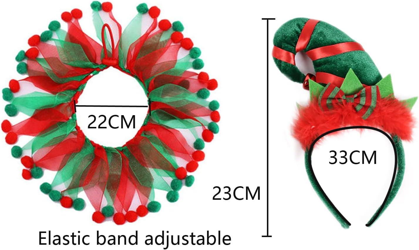 2PCS Dog Cat Christmas Costume Christmas Collar and Elf Headband Christmas Red and Green Collar Costume for Puppy Kitty Christmas Pet Party Dress Xmas Set Clothes (A)