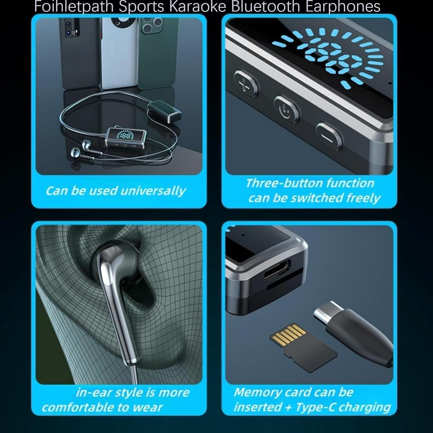 Foihletpath Sports Karaoke Bluetooth Earphones, Wireless Sound Card Live Streaming Earphone, Bluetooth Neck-Hanging Earbud Headset, for Man Woman (C#3)