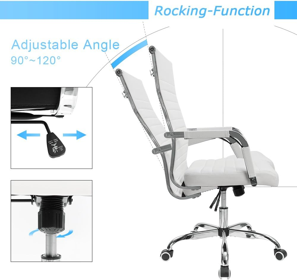 Ribbed Office Desk Mid-Back Pu Leather Executive Conference Task Adjustable Swivel Chair with Arms, White - Grey image number 7