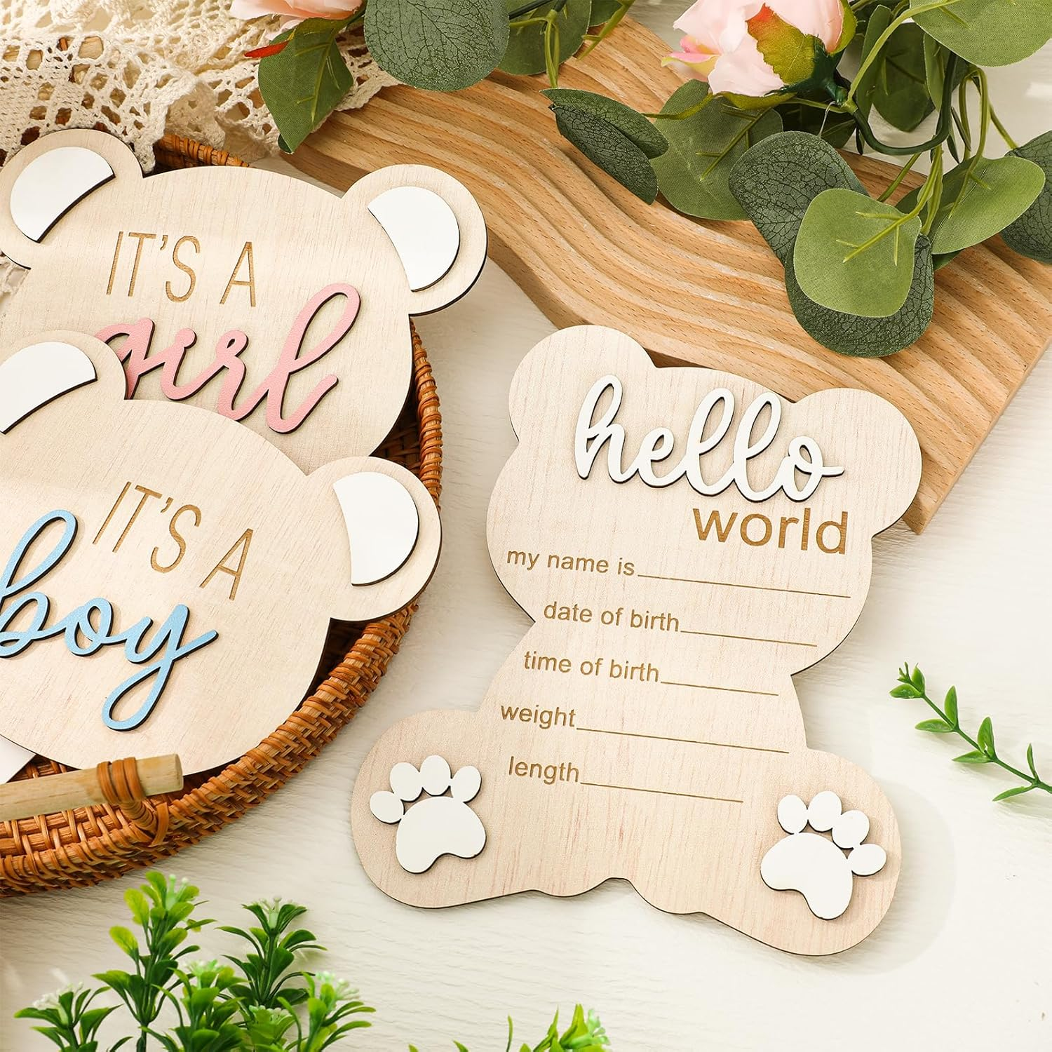 FYSUIMU 3Pcs Gender Reveal Sign for Baby Birth It' S a Boy Girl Bear Shaped Announcement Signs Wooden Hello World Newborn Welcome Sign for Baby Shower Photo Prop Keepsake
