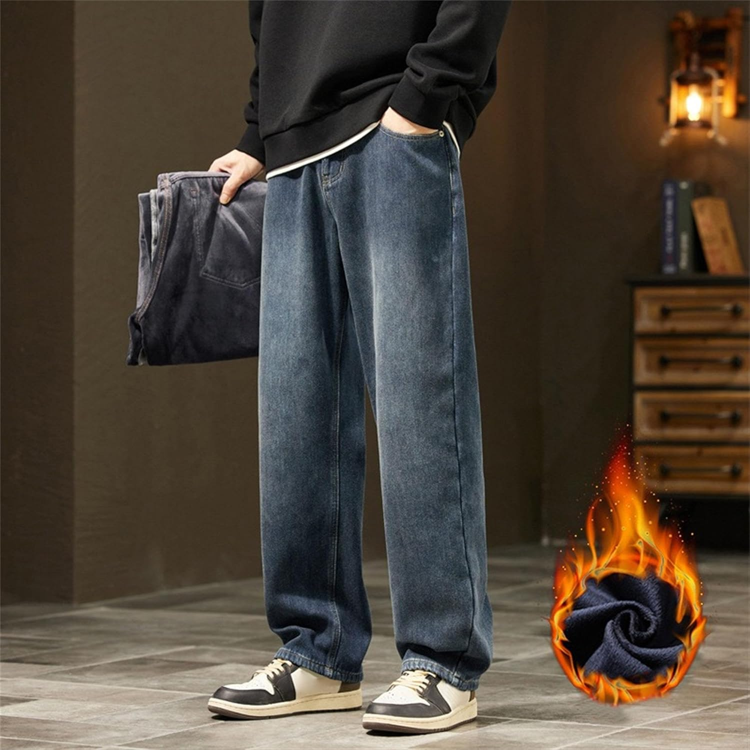 Jeshifangjiusu Men'S Casual Straight Jean Relaxed Fit Baggy Trouser Hip Hop Thicke Jeans, Blue, 32 image number 1