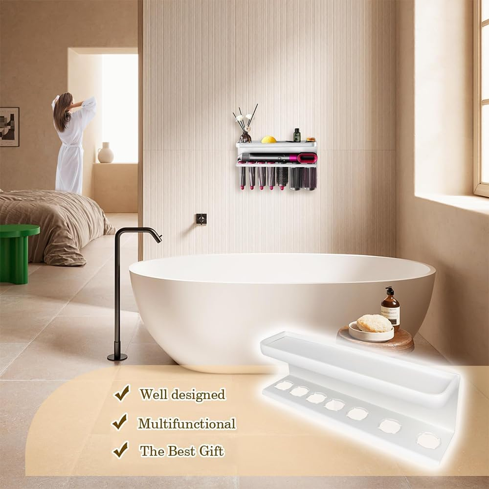 Wall Mounted Holder Compatible with &ndash; Space Aluminum 2-Tier Storage Rack for Curling Iron, Hair Dryer & Attachments &ndash; Bathroom Organizer Shelf image number 1