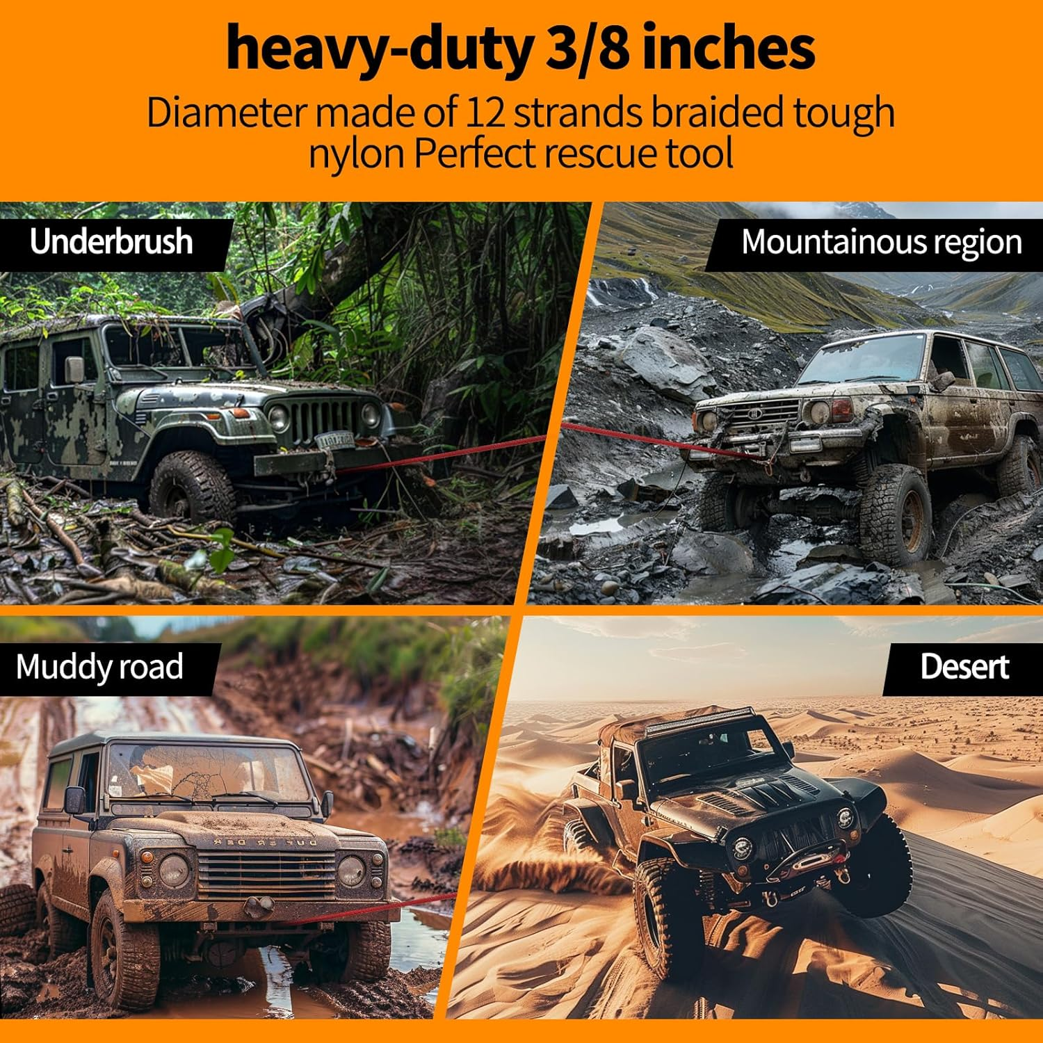 Alltoauto Winch Rope with Hook, 3/8" X 100'-25000Lbs Dyneema Synthetic Winch Rope Line Cable with Protective Sleeve for Truck 4WD Off-Road Vehicle Winch Accessory image number 3