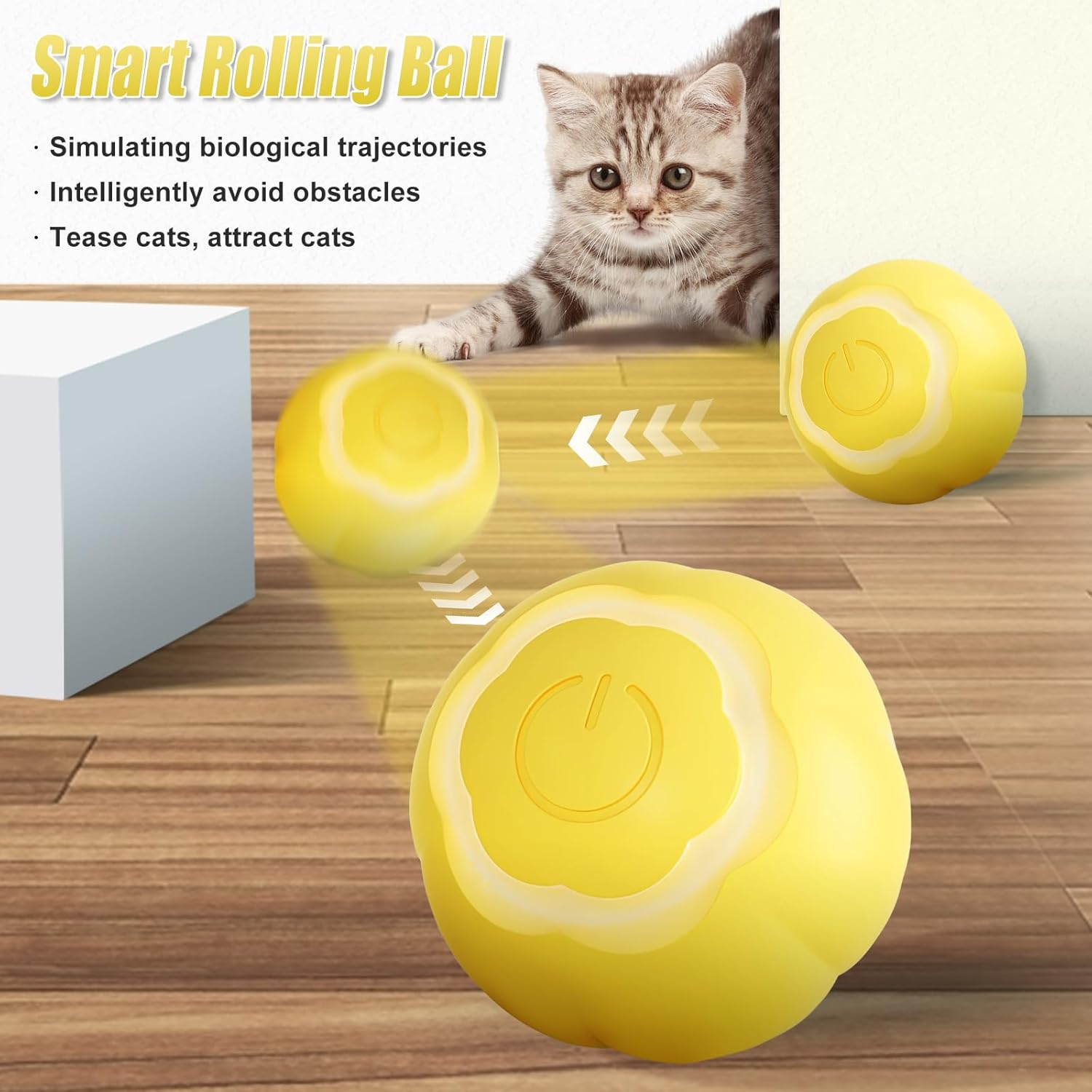 Electric Cat Toy with LED Light, 360 Degree Automatic Cat Ball, Type-C Rechargeable Interactive Cat Toy, Self-Rolling Ball, Intelligent Cat Toys for Cats (Yellow) image number 6
