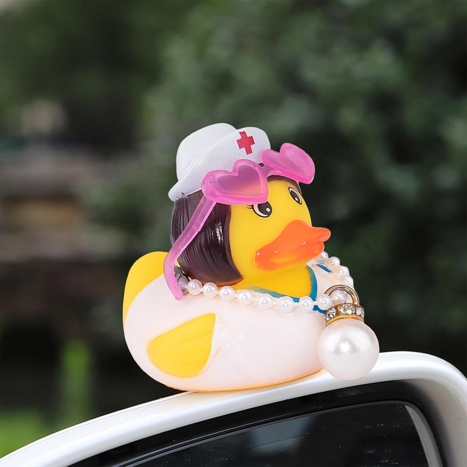 Wonuu Car Rubber Duck Car Duck Decoration Dashboard Car Ornament for Car Dashboard Decoration Accessories with Mini Swim Ring Necklace and Sunglasses, A_Nurse Duck_Pink Swim_Heart Glasses_Big Pearl image number 6