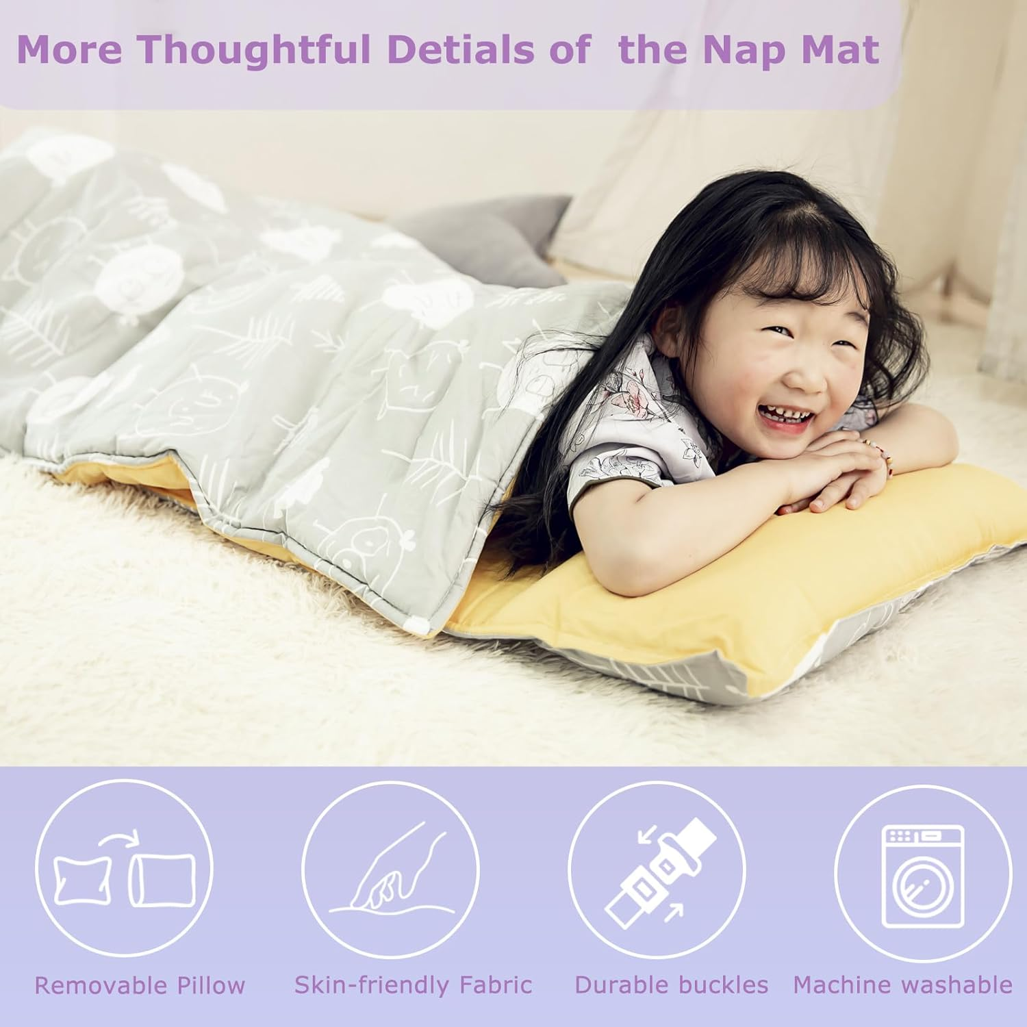 Nap Mat with Removable Pillow and Soft Blanket, Lightweight Daycare Preschool Kindergarten Sleeping Bag, Travel Slumber for Kids Girls Boys image number 2