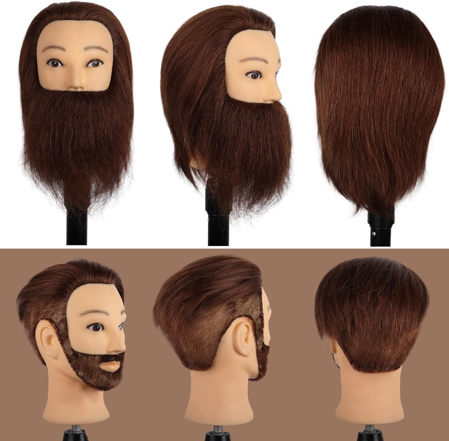 Daizysight Barber Mannequin Head Male with 100% Human Hair, Male Haircut Practicing Head with Beard & Thick Hair, Hairdresser Manikin Doll Head for Training Hair Styling (Brown, 12 Inches)