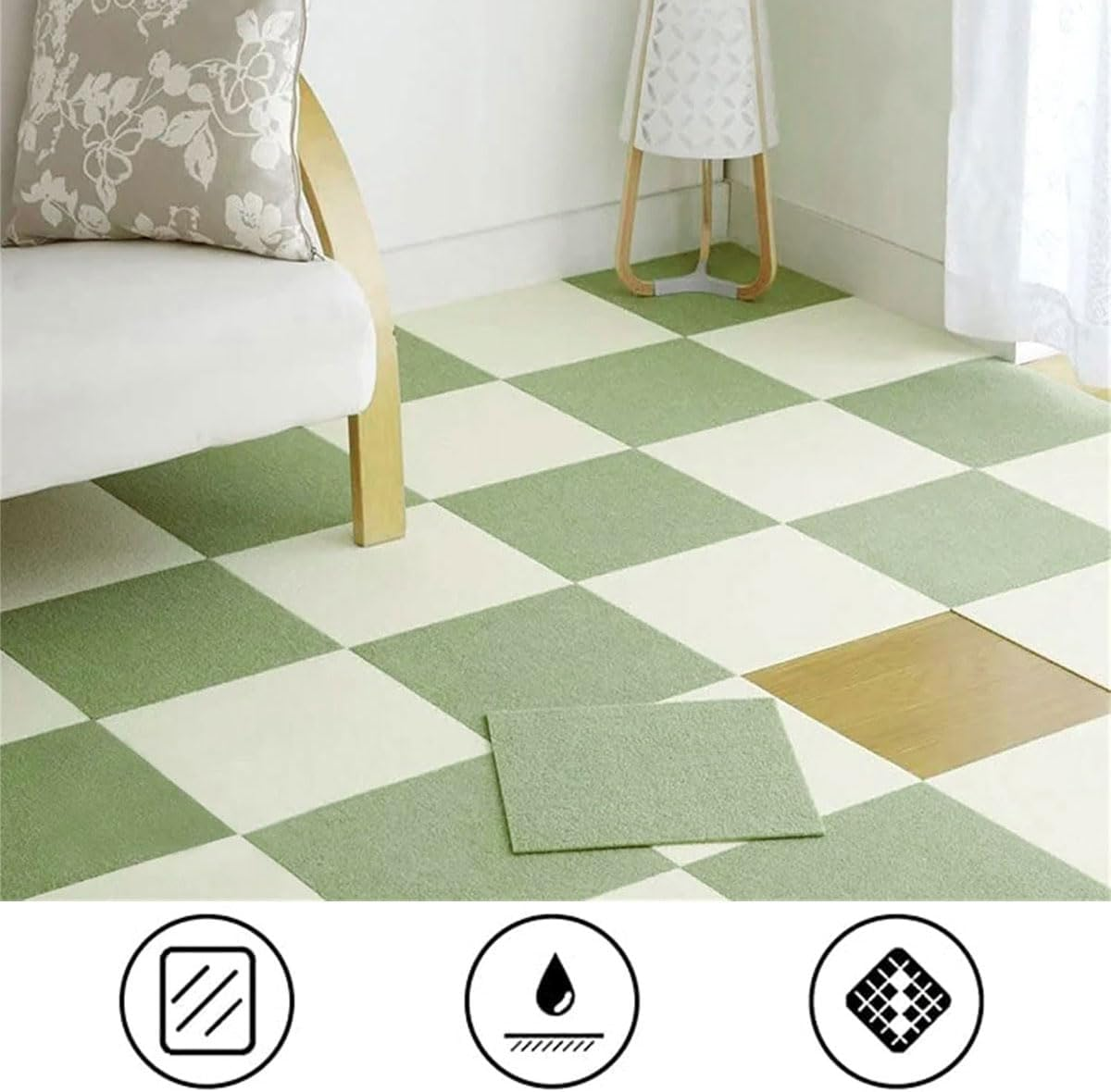 AIMALL 12PCS Patchwork Floor Mats 11.8In X 11.8In Self-Adhesive Japanese-Style Anti-Slip Polyester Carpet Tiles for Living Room Bedroom Entryway Beige Green