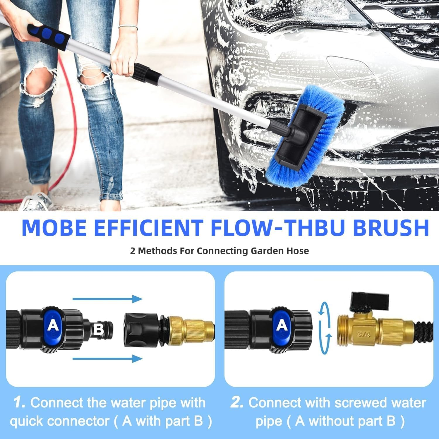 65" Car Wash Brush with Long Handle,Car Wash Mop, Windshield Cleaner Multi-Functional Wash Brush，Flow-Thru Soft Bristle Car Washing Brush with Extendable Handle and Hose Attachment for Car, Boat image number 3