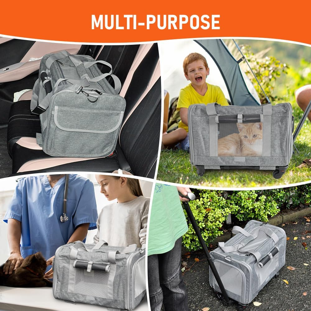 Pet Rolling Travel Carrier Pet Rolling Luggage Trolley Case for Pet up to 7.5Kg with Handle Four Wheels Shoulder Strap and Pet Cushion for Cat Dog Grey image number 4