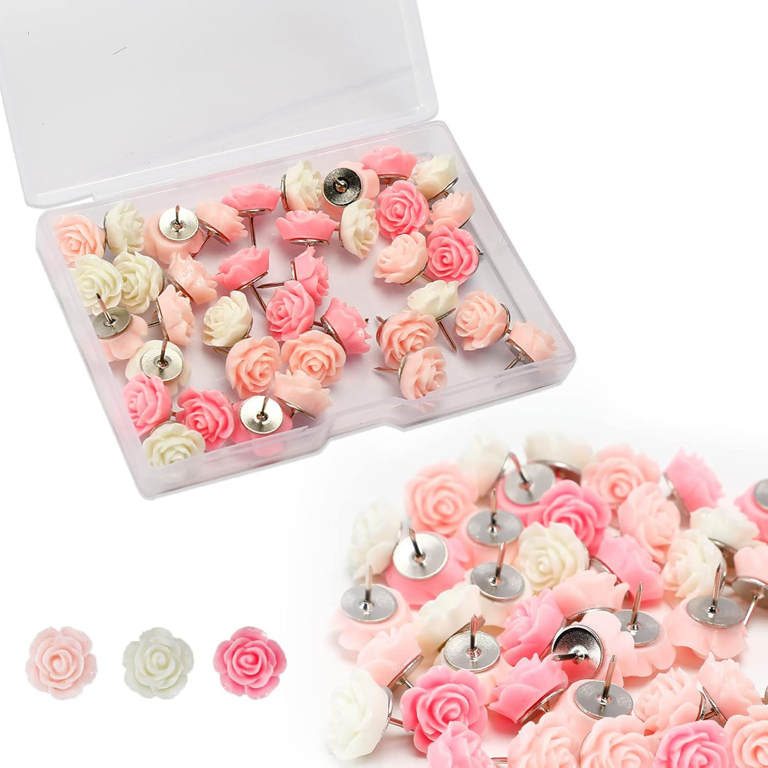 40Pcs Rose Theme Push Pins Rose Thumb Tacks Decorative Flower Cork Board Tacks for Bulletin Board, Photos Wall Maps and Other Offices Schools Supplies and Accessories, Resin&hellip;