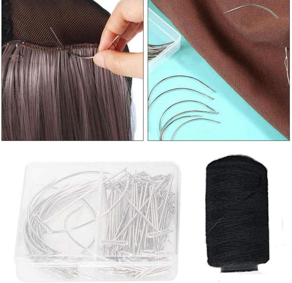 1Set Weaving Thread Polyester Sewing with 50PCS Wig T Pins,20Pcs 63Mm+76Mm C Type Needles Curved Hair Needles Black Sewing Cord image number 2